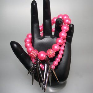 Pink Beads & Spikes Stretch Bracelet